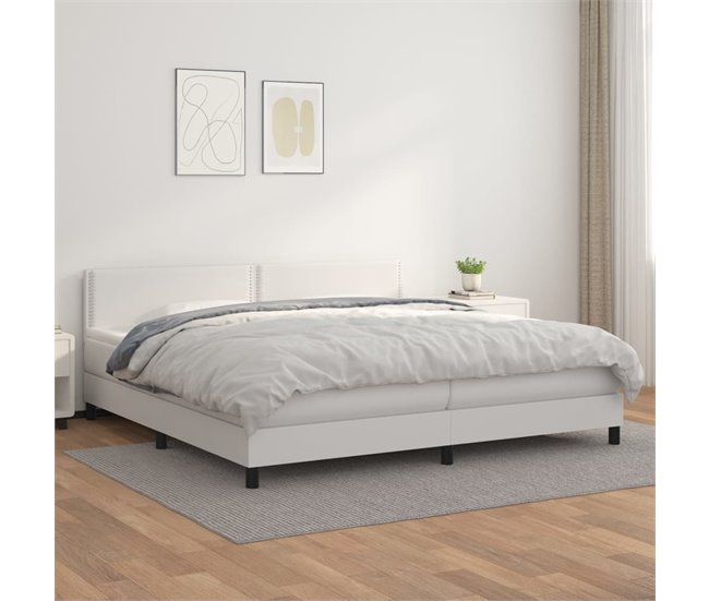 Conforama Cama Box Spring Con Colchón Cuero Sintético Blanco 200x200 Cm Liso Con Clavos
