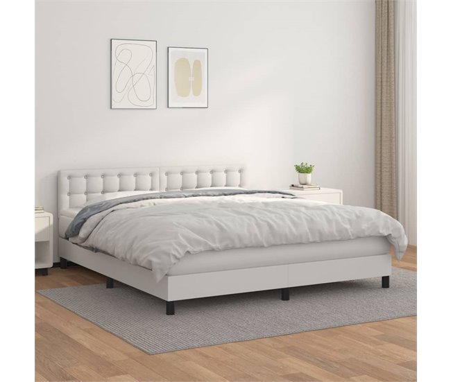 Conforama Cama Box Spring Con Colchón Cuero Sintético Blanco 180x200 Cm Botones