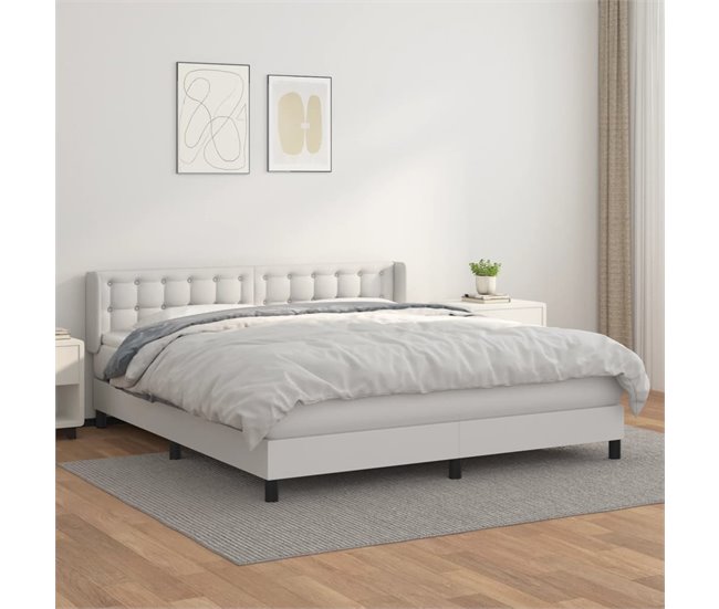 Conforama Cama Box Spring Con Colchón Cuero Sintético Blanco 180x200 Cm Botones
