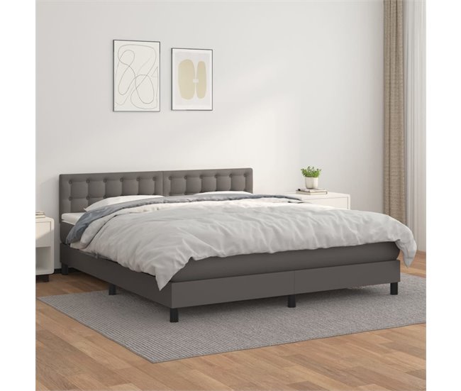 Conforama Cama Box Spring Con Colchón Cuero Sintético Gris 160x200 Cm Botones