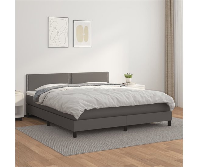 Conforama Cama Box Spring Con Colchón Cuero Sintético Gris 160x200 Cm Liso Con Clavos