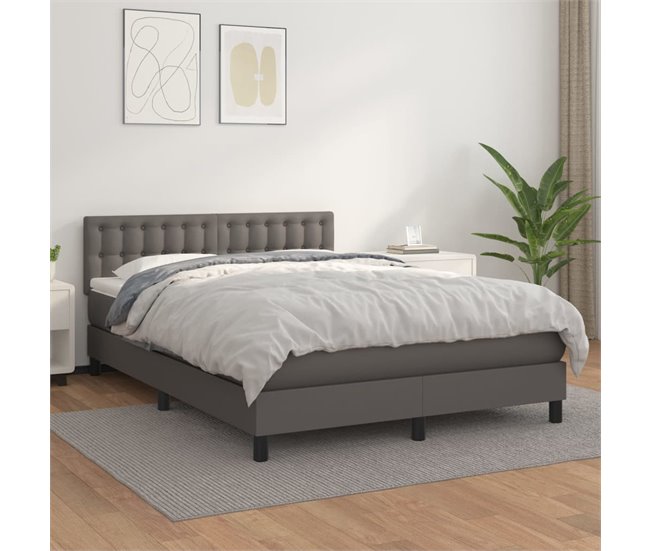 Conforama Cama Box Spring Con Colchón Cuero Sintético Gris 140x200 Cm Botones