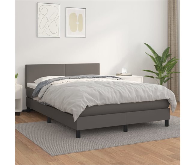 Conforama Cama Box Spring Con Colchón Cuero Sintético Gris 140x190 Cm Diseño Plano