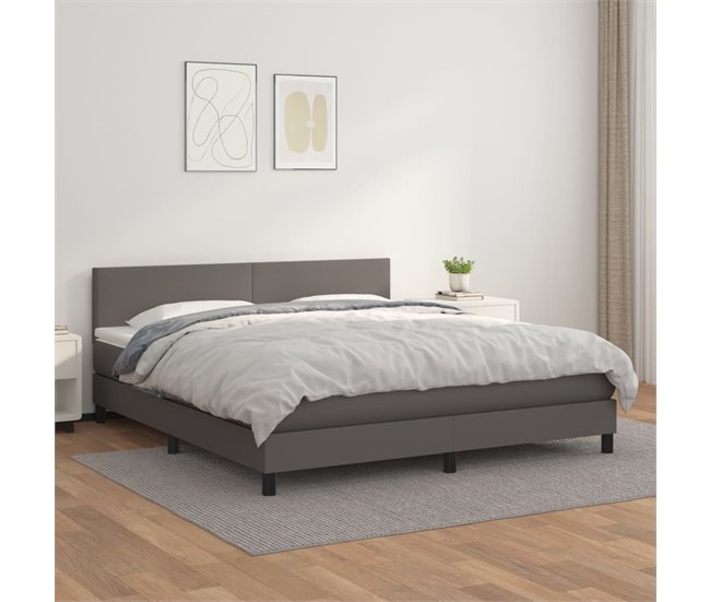 Conforama Cama Box Spring Con Colchón Cuero Sintético Gris 160x200 Cm Diseño Plano