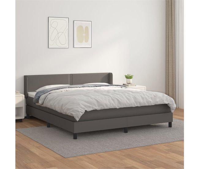 Conforama Cama Box Spring Con Colchón Cuero Sintético Gris 160x200 Cm Liso Con Clavos