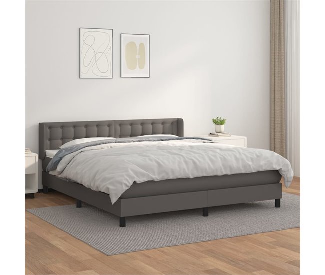 Conforama Cama Box Spring Con Colchón Cuero Sintético Gris 160x200 Cm Botones