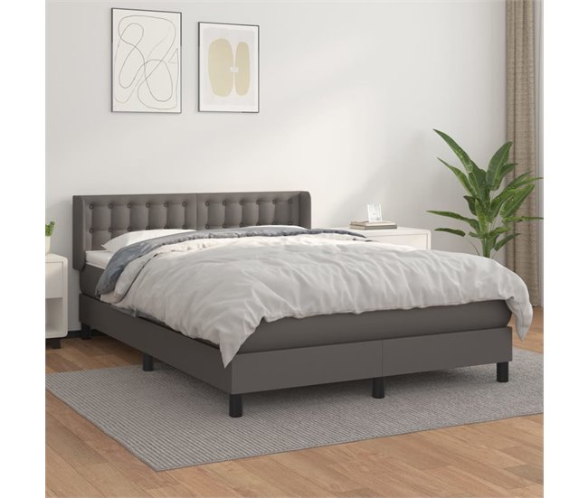 Conforama Cama Box Spring Con Colchón Cuero Sintético Gris 140x200 Cm Botones