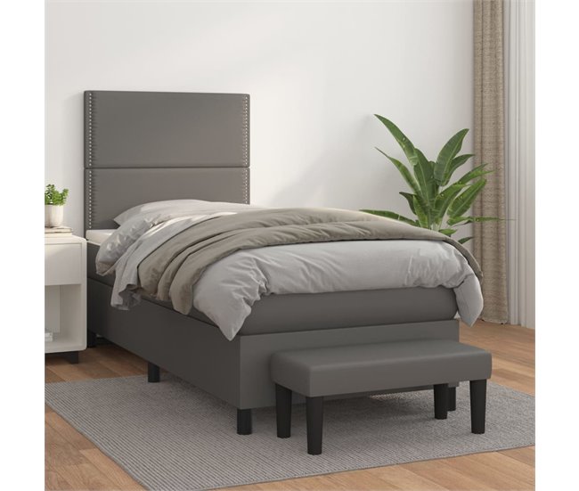 Conforama Cama Box Spring Con Colchón Cuero Sintético Gris 90x200 Cm Liso Con Clavos