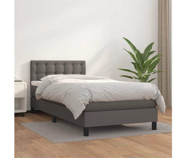 Conforama Cama Box Spring Con Colchón Cuero Sintético Gris 90x200 Cm Botones