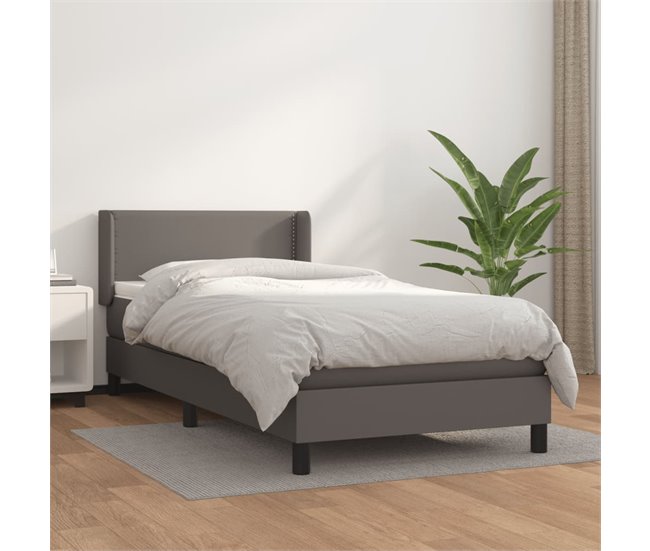 Conforama Cama Box Spring Con Colchón Cuero Sintético Gris 90x200 Cm Liso Con Clavos