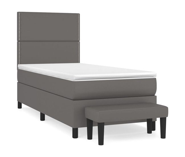 Conforama Cama box spring con colchón cuero sintético gris 90x200 cm Liso con clavos
