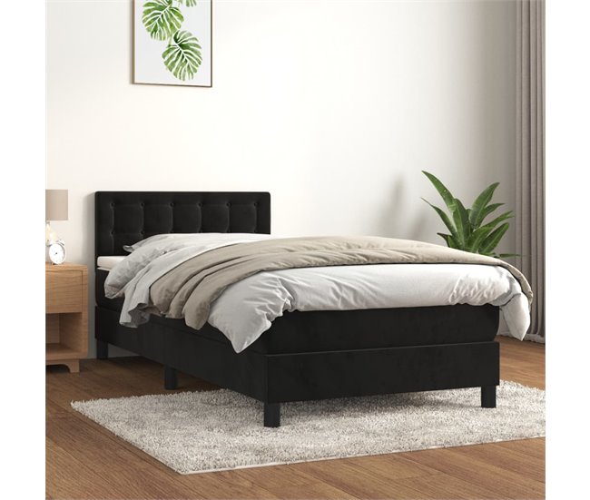 Conforama Cama Box Spring Con Colchón Cuero Sintético Negro 90x190 Cm Botones