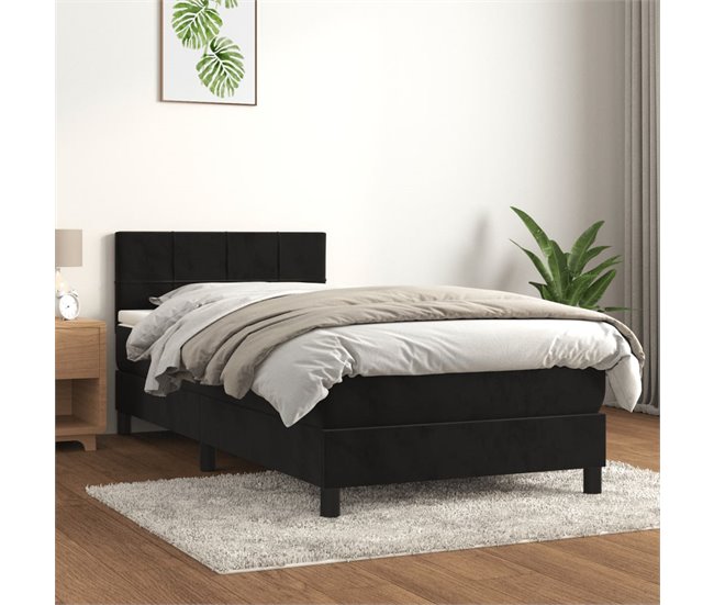 Conforama Cama Box Spring Con Colchón Cuero Sintético Negro 90x190 Cm Bloques Con Cuadros