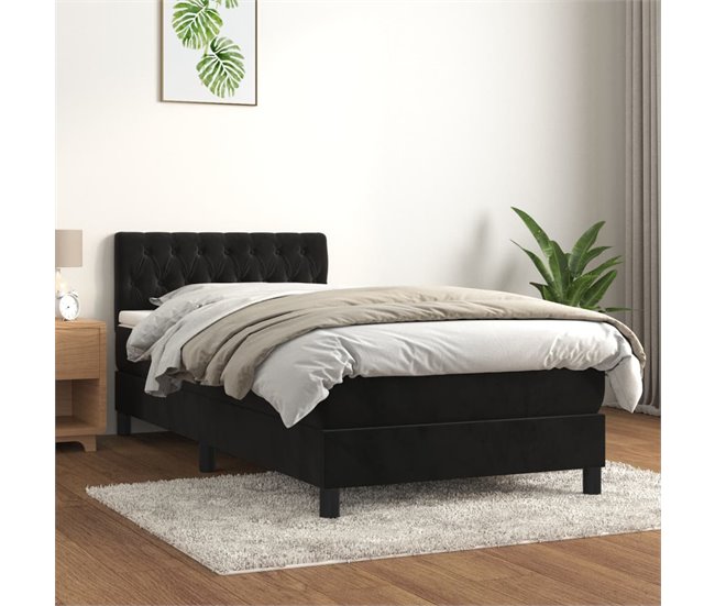 Conforama Cama Box Spring Con Colchón Cuero Sintético Negro 90x190 Cm Diseño De Botones