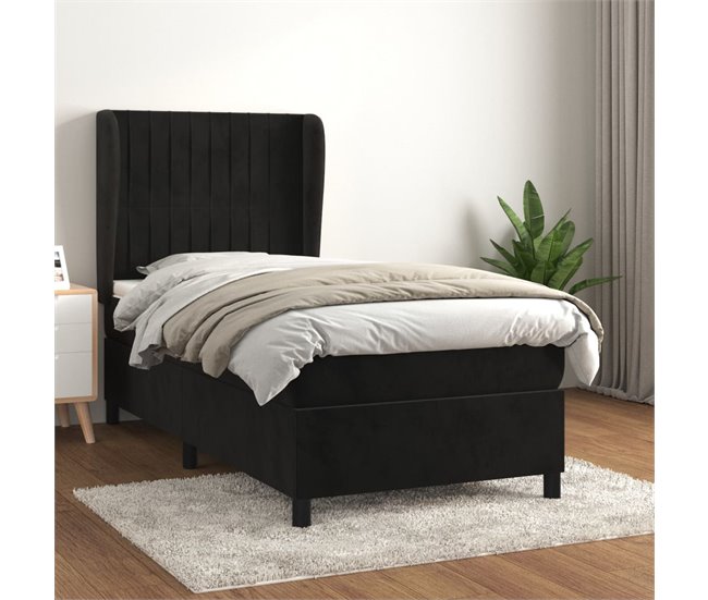 Conforama Cama Box Spring Con Colchón Cuero Sintético Negro 90x190 Cm Rayas Verticales
