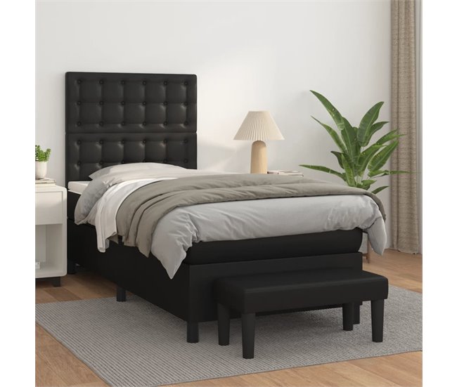 Conforama Cama Box Spring Con Colchón Cuero Sintético Negro 100x200 Cm Botones