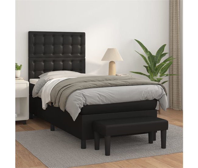 Conforama Cama Box Spring Con Colchón Cuero Sintético Negro 90x190 Cm Botones