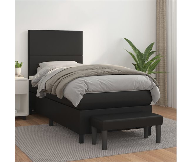 Conforama Cama Box Spring Con Colchón Cuero Sintético Negro 80x200 Cm Diseño Plano