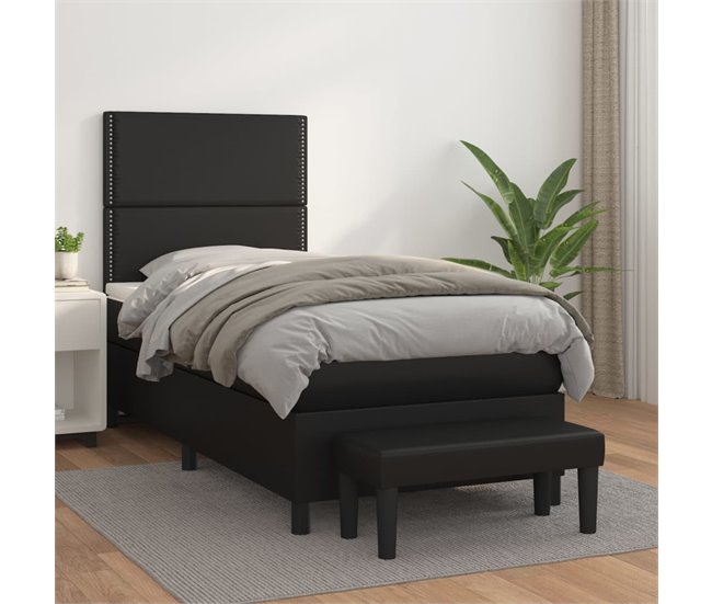 Conforama Cama Box Spring Con Colchón Cuero Sintético Negro 80x200 Cm Liso Con Clavos