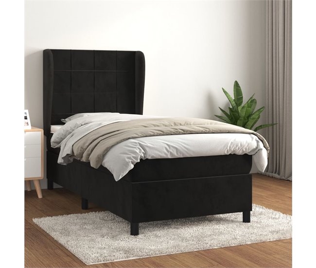 Conforama Cama Box Spring Con Colchón Cuero Sintético Negro 90x190 Cm Bloques Con Cuadros
