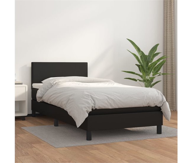 Conforama Cama Box Spring Con Colchón Cuero Sintético Negro 80x200 Cm Diseño Plano