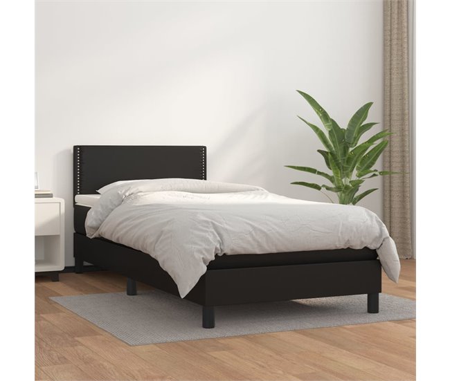 Conforama Cama Box Spring Con Colchón Cuero Sintético Negro 100x200 Cm Liso Con Clavos