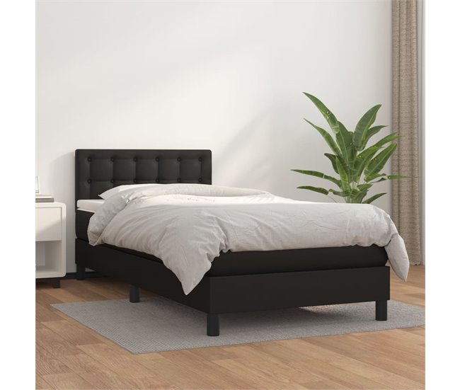 Conforama Cama Box Spring Con Colchón Cuero Sintético Negro 80x200 Cm Botones