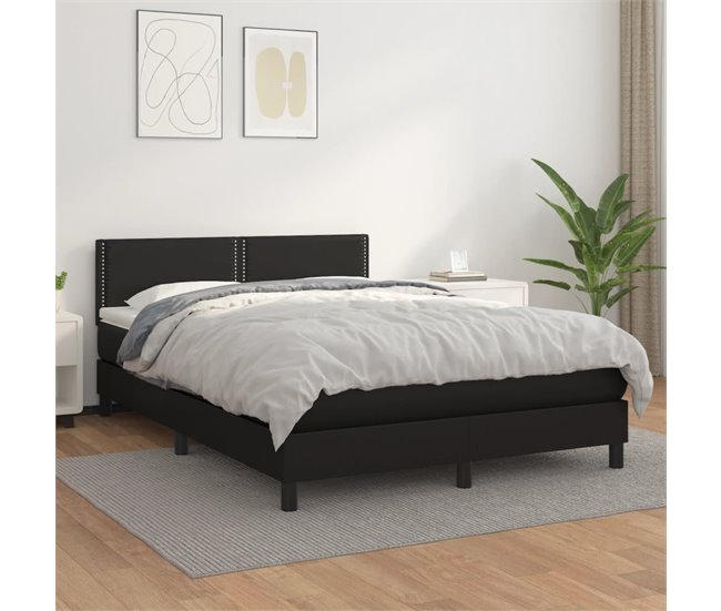Conforama Cama Box Spring Con Colchón Cuero Sintético Negro 140x200cm Liso Con Clavos