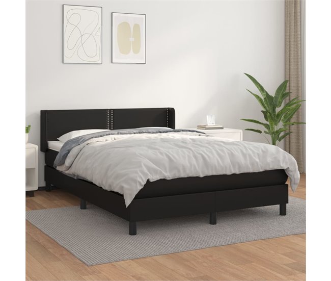 Conforama Cama Box Spring Con Colchón Cuero Sintético Negro 140x190 Cm Liso Con Clavos