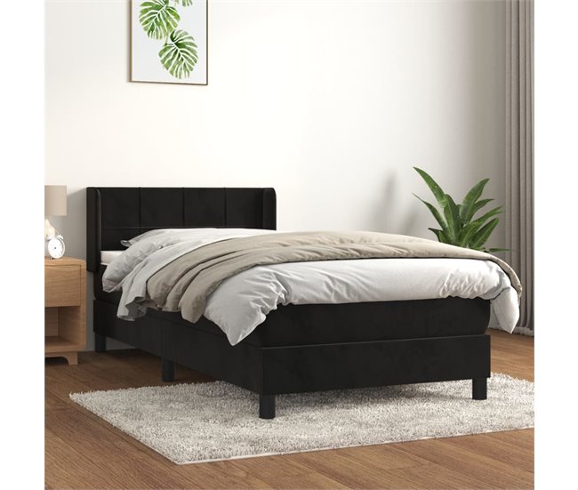 Conforama Cama Box Spring Con Colchón Cuero Sintético Negro 90x190 Cm Bloques Con Cuadros
