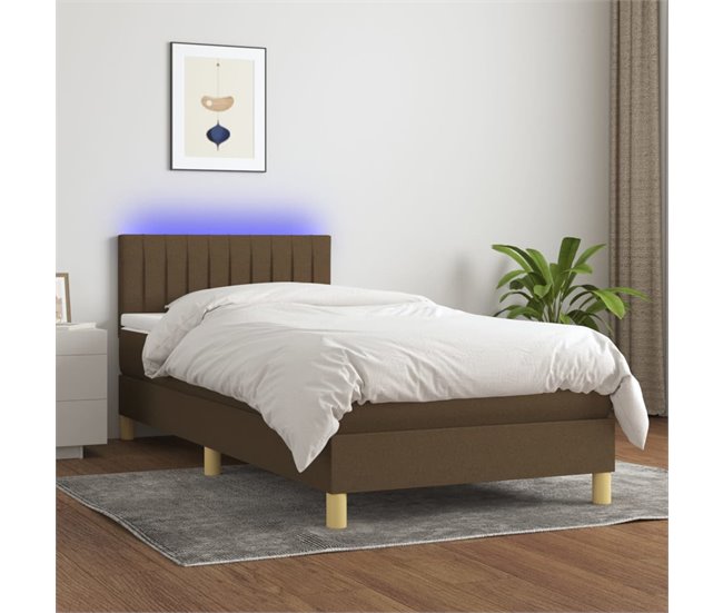 Conforama Cama Box Spring Con Colchón LED Tela Marrón Oscuro 90x200 Cm Rayas Verticales