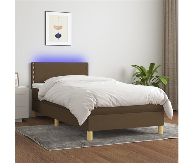 Conforama Cama Box Spring Con Colchón LED Tela Marrón Oscuro 80x200 Cm Liso Con Clavos