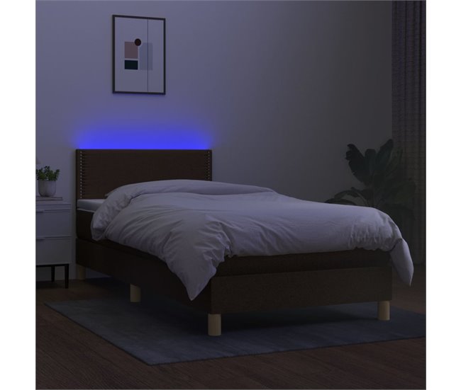 Conforama Cama Box Spring Con Colchón LED Tela Marrón Oscuro 80x200 Cm Liso Con Clavos