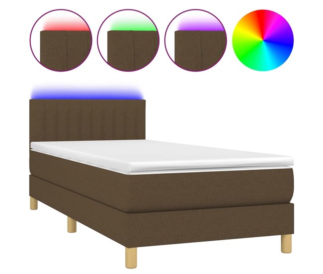 Conforama Cama box spring con colchón LED tela marrón oscuro 90x200 cm Rayas verticales