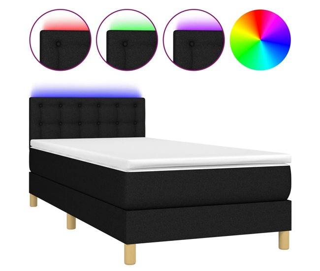 Conforama Cama box spring con colchón LED tela negro 100x200 cm Botones