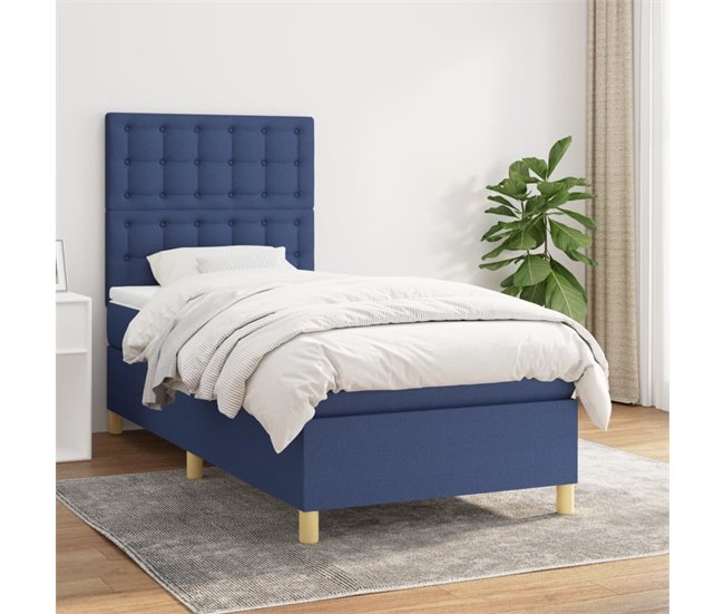 Conforama Cama Box Spring Con Colchón Tela Azul 100x200 Cm Botones
