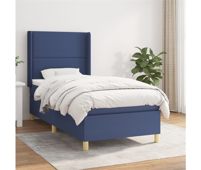 Conforama Cama Box Spring Con Colchón Tela Azul 100x200 Cm Liso Con Clavos