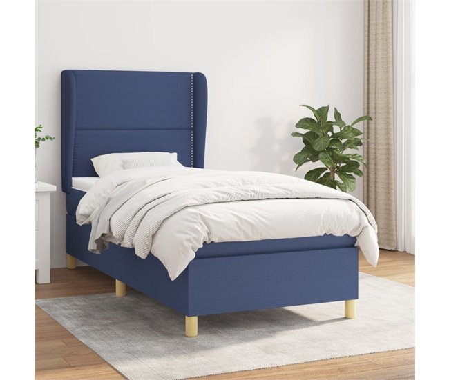 Conforama Cama Box Spring Con Colchón Tela Azul 100x200 Cm Liso Con Clavos