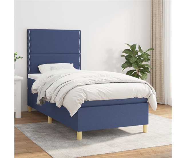 Conforama Cama Box Spring Con Colchón Tela Azul 100x200 Cm Liso Con Clavos