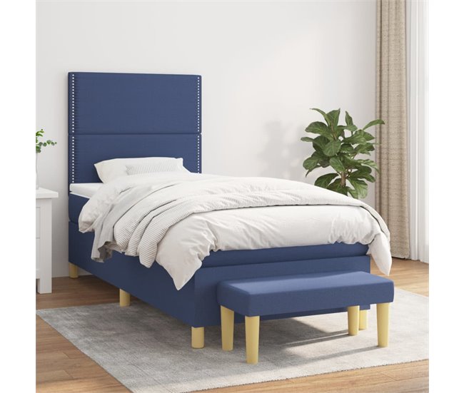 Conforama Cama Box Spring Con Colchón Tela Azul 100x200 Cm Liso Con Clavos