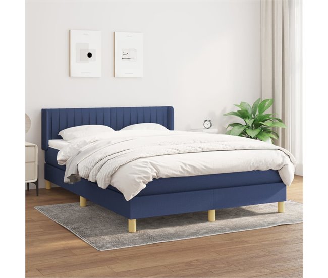 Conforama Cama Box Spring Con Colchón Tela Azul 140x190 Cm Rayas Verticales