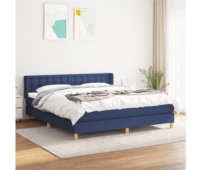 Conforama Cama Box Spring Con Colchón Tela Azul 160x200 Cm Botones