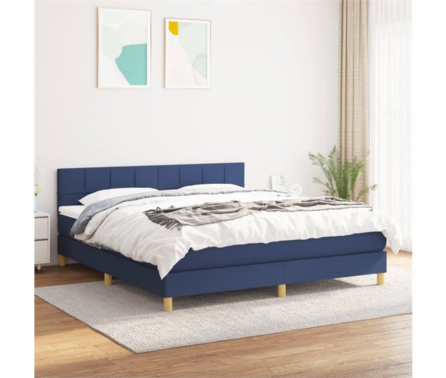 Conforama Cama Box Spring Con Colchón Tela Azul 160x200 Cm Bloques Con Cuadros