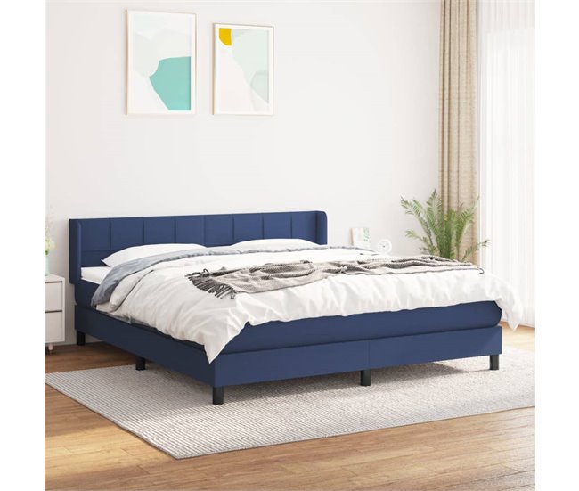 Conforama Cama Box Spring Con Colchón Tela Azul 160x200 Cm Bloques Con Cuadros