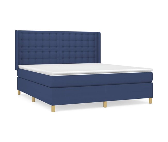 Conforama Cama box spring con colchón tela azul 160x200 cm Botones