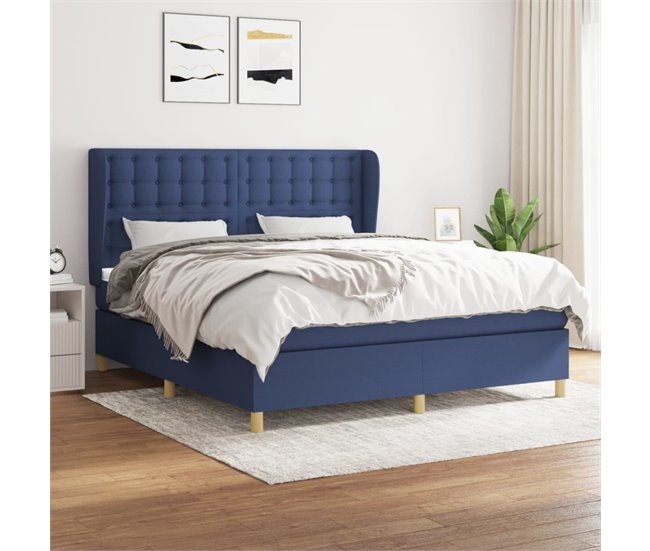 Conforama Cama Box Spring Con Colchón Tela Azul 160x200 Cm Botones
