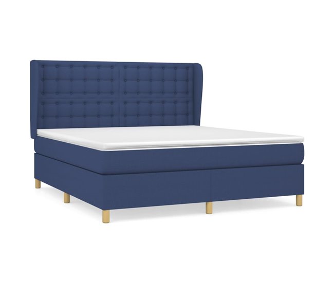 Conforama Cama box spring con colchón tela azul 160x200 cm Botones
