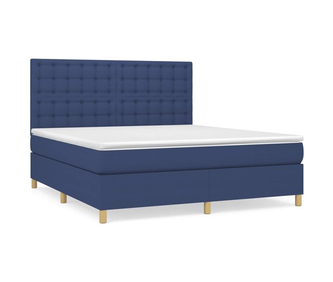 Conforama Cama box spring con colchón tela azul 160x200 cm Botones