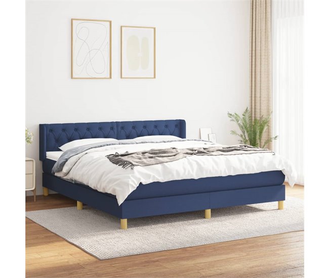 Conforama Cama Box Spring Con Colchón Tela Azul 160x200 Cm Diseño De Botones