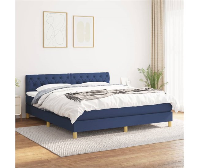 Conforama Cama Box Spring Con Colchón Tela Azul 160x200 Cm Diseño De Botones
